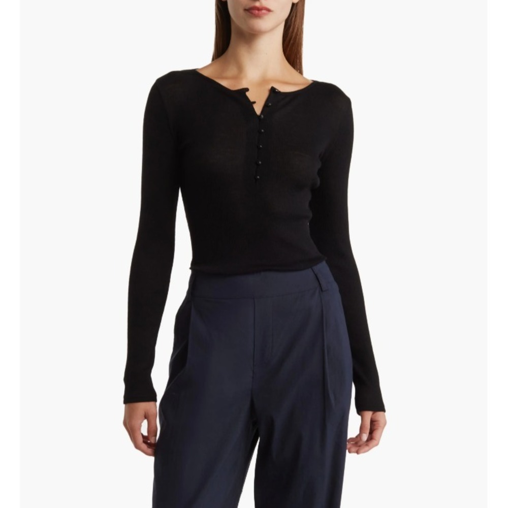 VINCE® (Women's SMALL) Merino Wool Long Sleeved Henley Top in Black - $225